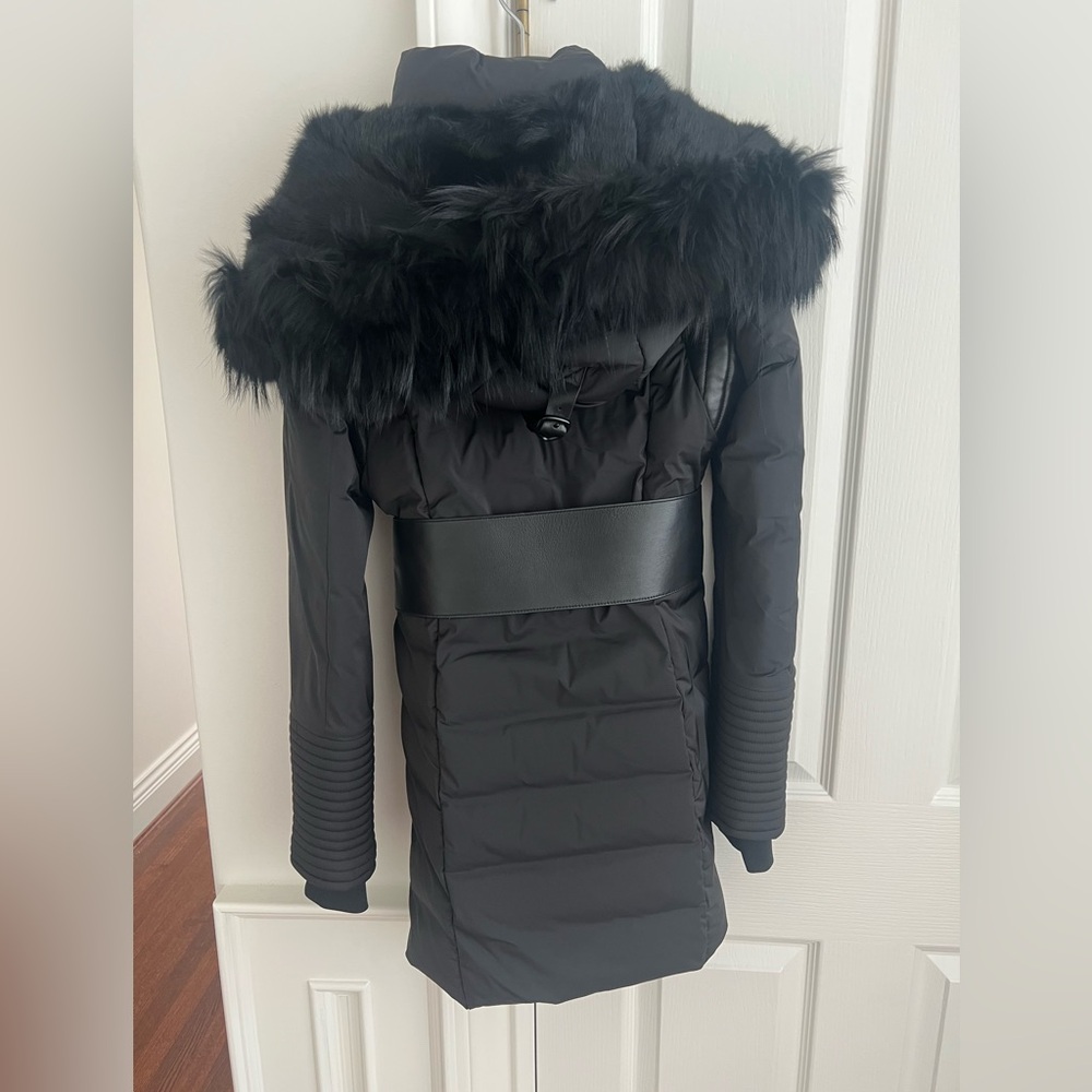 RUDSAK Black Puffer Coat with Fur Trim and Leather Belted Waist - Picture 2 of 4